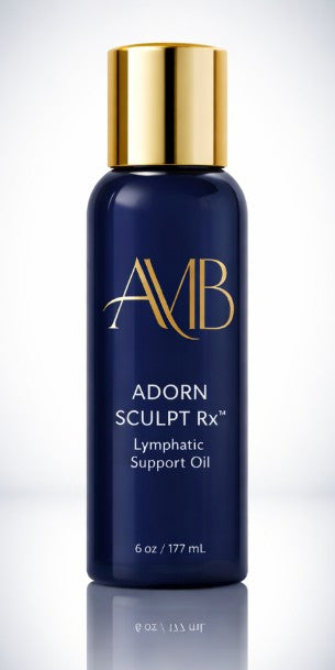 Blue bottle of AMB Adorn Sculpt Rx Lymphatic Support Oil with gold cap on a white background