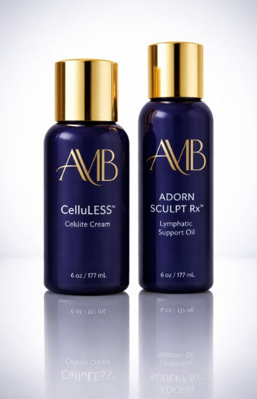 Two AVB skincare products, CelluLESS and Adorn Sculpt Rx, on a reflective surface with a light gray background.