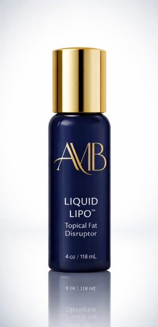 Blue bottle with gold cap labeled 'Liquid Lipo' on a white background
